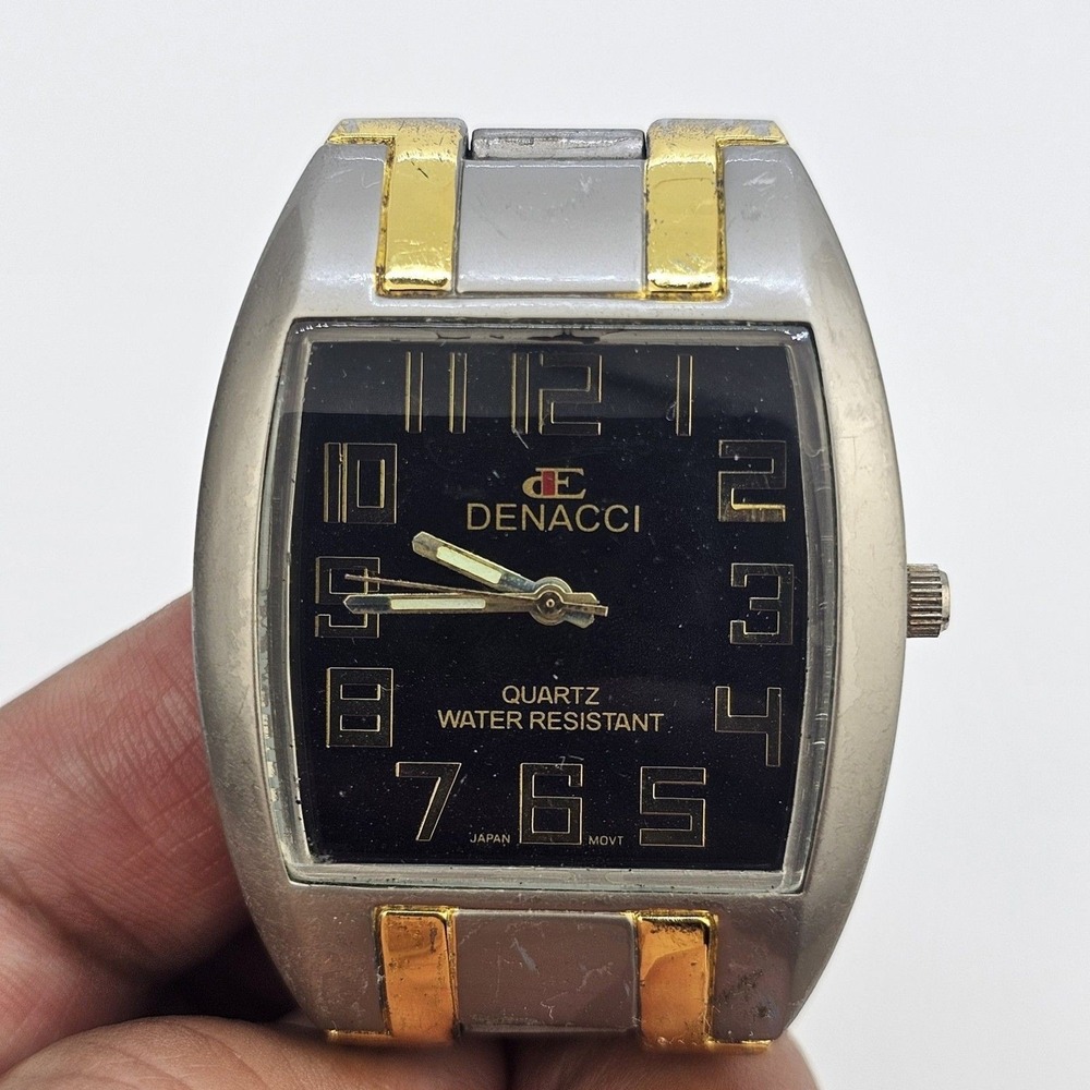 Denacci Men's Watch 38MM‎ Black Dial Gold Gray Bracelet Band 6" New Battery